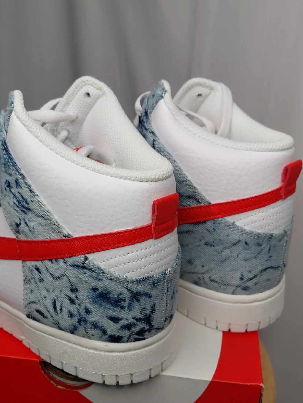 Nike Dunk High White with Red Swoosh and Blue Marble Panels